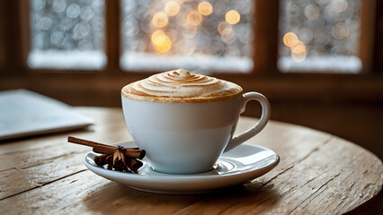 christmas coffee in warm hot room winters holidays, cup of coffee on the table, cup of coffee with beans, cup of coffee