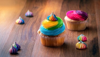 Tasty Cupcakes On Wooden Background Birthday Cupcake In Rainbow Colors