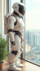 An advanced humanoid robot, slick and white, stands poised by a window with a breathtaking view of a bustling city beneath a clear blue sky. The tech radiates innovation and potential.