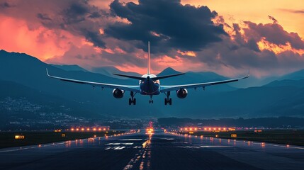 Fototapeta premium Airplane approaching runway at dusk with mountain backdrop and dramatic sky in the background view