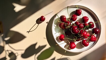 Plate Of Cherries On Bright Background In Sunlight And The Shadows Of The Leaves Of The Tree