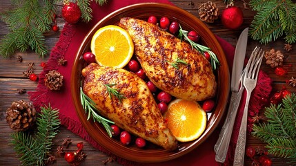 Christmas roasted chicken breasts, with cranberries and orange slices, on wooden table with pine branches and ornaments, top view, copy space