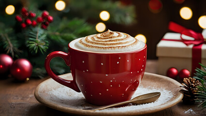 christmas coffee in warm hot room winters holidays, cup of coffee on the table, cup of coffee with beans, cup of coffee