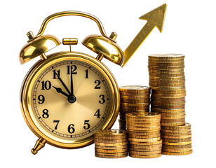 Golden clock with arrow rising over coin stacks, depicting time and financial growth