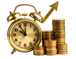 Golden clock with arrow rising over coin stacks, depicting time and financial growth