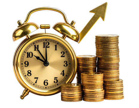Golden clock with arrow rising over coin stacks, depicting time and financial growth