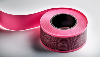 Roll Of Pink Masking Tape With Black Stripes On White Surface