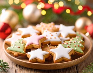 Christmas gingerbread cookies with icing and holiday decorations