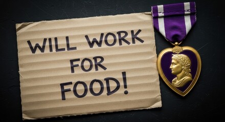 Purple heart medal and a sign that says will work for food