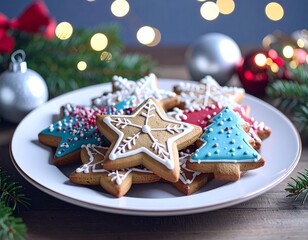 Christmas gingerbread cookies with icing and holiday decorations