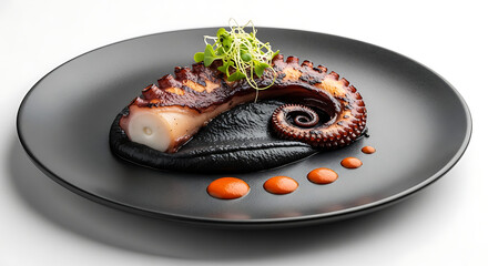 Grilled octopus tentacle with squid ink puree plate