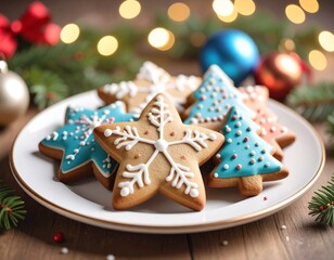 Christmas gingerbread cookies with icing and holiday decorations