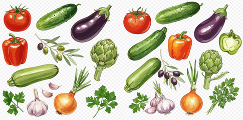 A vibrant illustration of various fresh vegetables, including tomatoes, cucumbers, eggplants, and artichokes.