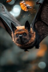 A charming creature with fluffy fur and wide eyes gracefully glides through a forest filled with illuminated leaves. Its joyful flight captures the enchantment of twilight.