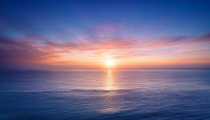 Fototapeta premium Magnificence Of A Sunrise Upon Horizon Encapsulating Ethereal Hues Boundless Vastness Of Ocean And Profound Interconnection Between Terrestrial Realm And Celestial Heavens