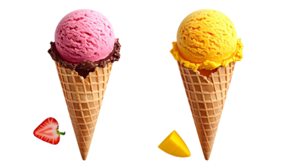 Two Unique Flavored Ice Cream Cone Designs, Isolated on Transparent Background.