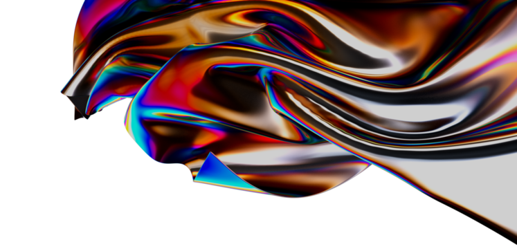 Captivating abstract image featuring a flowing iridescent fabric on a white backdrop, showcasing a blend of colors and textures perfect for desi