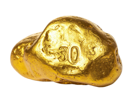 Close-up of a large golden nugget, stamped with the number 30