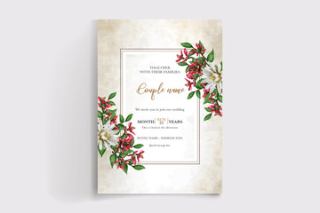 WEDDING INVITATION FRAME WITH FLOWER DECORATIONS AND FRESH LEAVES