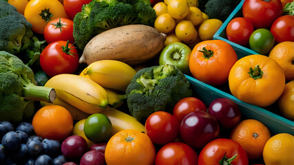Colorful assortment of fresh fruits and vegetables including oranges, tomatoes, peppers, bananas, broccoli, and carrots arranged in a vibrant display