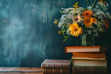 Bouquet of flowers on wooden desk beside books and chalkboard, symbolic teacher appreciation, warm soft light.