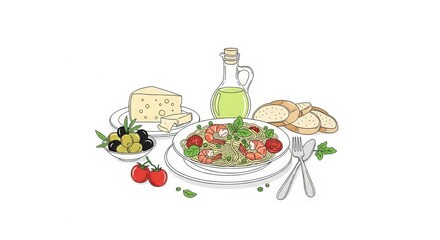 Italian pasta with shrimp and all ingredients as main dish for menu design and food illustration.
