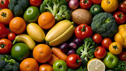 Colorful assortment of fresh fruits and vegetables including oranges, tomatoes, peppers, bananas, broccoli, and carrots arranged in a vibrant display