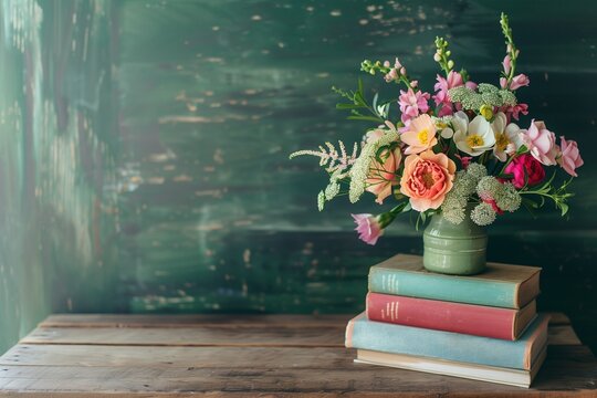 Bouquet of flowers on wooden desk beside books and chalkboard, symbolic teacher appreciation, warm soft light.