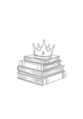Crown on stacked books. Education knowledge is power concept. Line art illustration for learning, wisdom, and success.