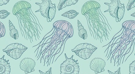 Hand drawn jellyfish and seashell pattern on a teal background