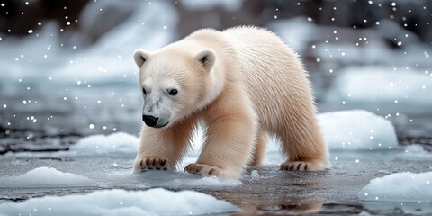 Amidst a winter wonderland, a curious young polar bear carefully steps across a patch of melting ice, surrounded by shimmering snowflakes drifting from above.