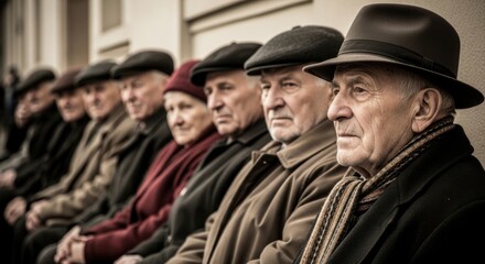 Obraz premium A group of elderly people sitting in a row, dressed in vintage clothing
