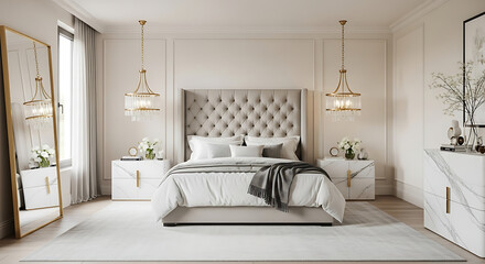 Luxury Bedroom with Golden Pendant Lamps and Marble Side Tables