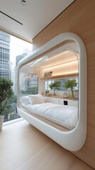 This unique bedroom features a transparent design, seamlessly blending modern architecture with nature. Overlooking a vibrant city, it creates a serene retreat amidst urban chaos.