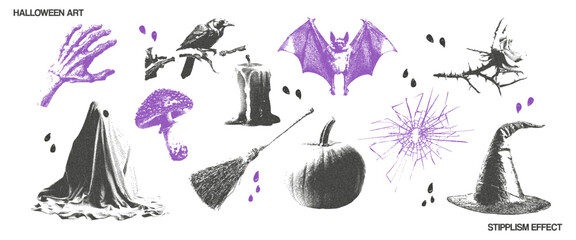 Halftone stipple effect elements set for Halloween. Ghost, candle, witch hat, bat, pumpkin. Vector. 