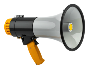 A close-up view of a handheld megaphone with a black, yellow, and gray design