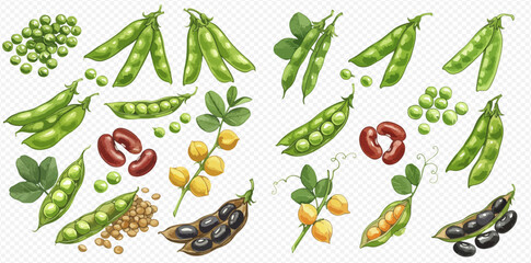 Illustration of various legumes including peas, beans, and lentils in pods and loose.