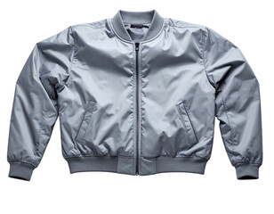 Silver bomber jacket with ribbed cuffs and hem, centered on black background