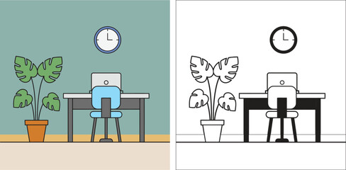 Minimalist office setup with desk chair plant and clock creating a clean workspace