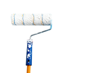 Paint roller with streaks of blue and yellow on white barrel against black
