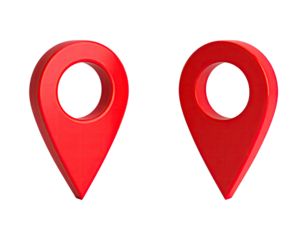 Two red, 3D location markers set against a black background