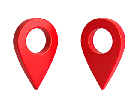 Two red, 3D location markers set against a black background