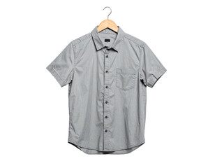 Gray, short-sleeved button-down shirt hanging on a wooden hanger against black