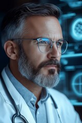 In a dimly lit room, a dedicated doctor with a well-groomed beard examines complex medical diagrams on a screen, embodying concentration and expertise.