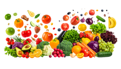 Two Unique Flying Fruits and Vegetables Sets, Isolated on Transparent Background.