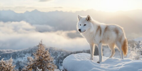 An arctic wolf stands on a rocky ledge, overlooking a vast landscape of snow-covered mountains, bathed in golden morning light. Soft clouds drift through the serene atmosphere.