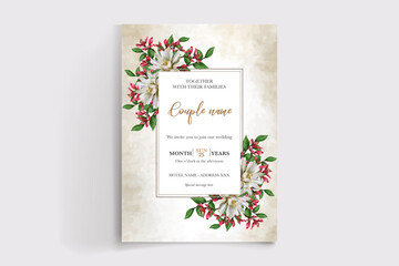 WEDDING INVITATION FRAME WITH FLOWER DECORATIONS AND FRESH LEAVES