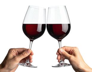 Two hands holding aloft wine glasses, filled with red liquid, clinking together