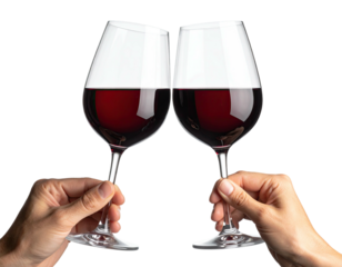 Two hands holding aloft wine glasses, filled with red liquid, clinking together