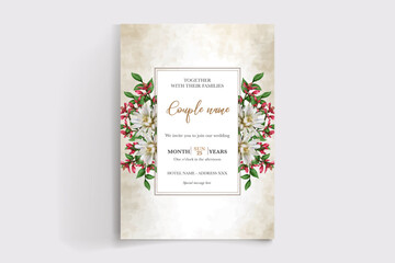 WEDDING INVITATION FRAME WITH FLOWER DECORATIONS AND FRESH LEAVES
